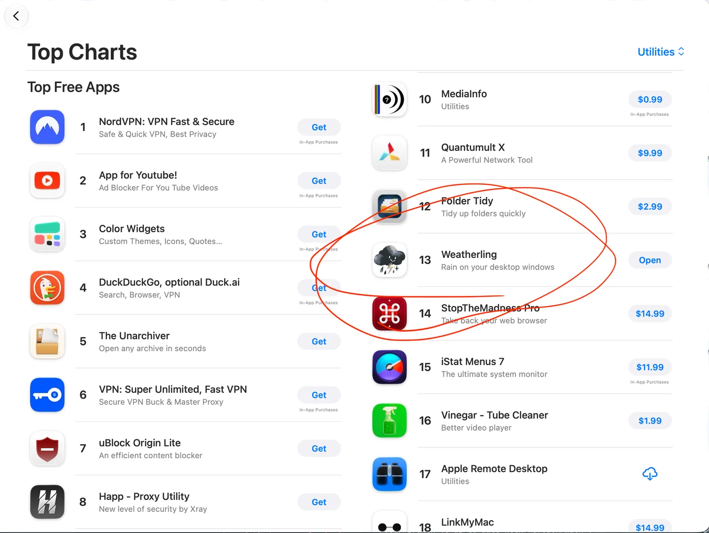 The Mac App Store Top Charts for Utilities, with Weatherling circled in red at number 13 of the top paid apps, between Folder Tidy and StopTheMadness Pro
