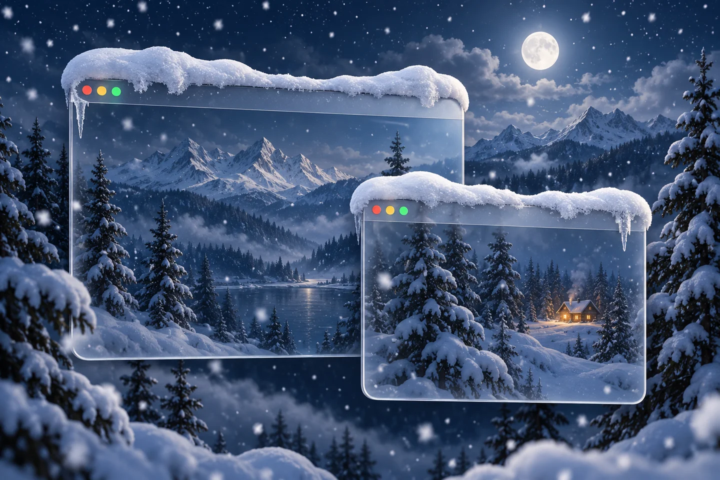 Snow settled along the tops of two Mac windows, with more flakes falling on a dark desktop.