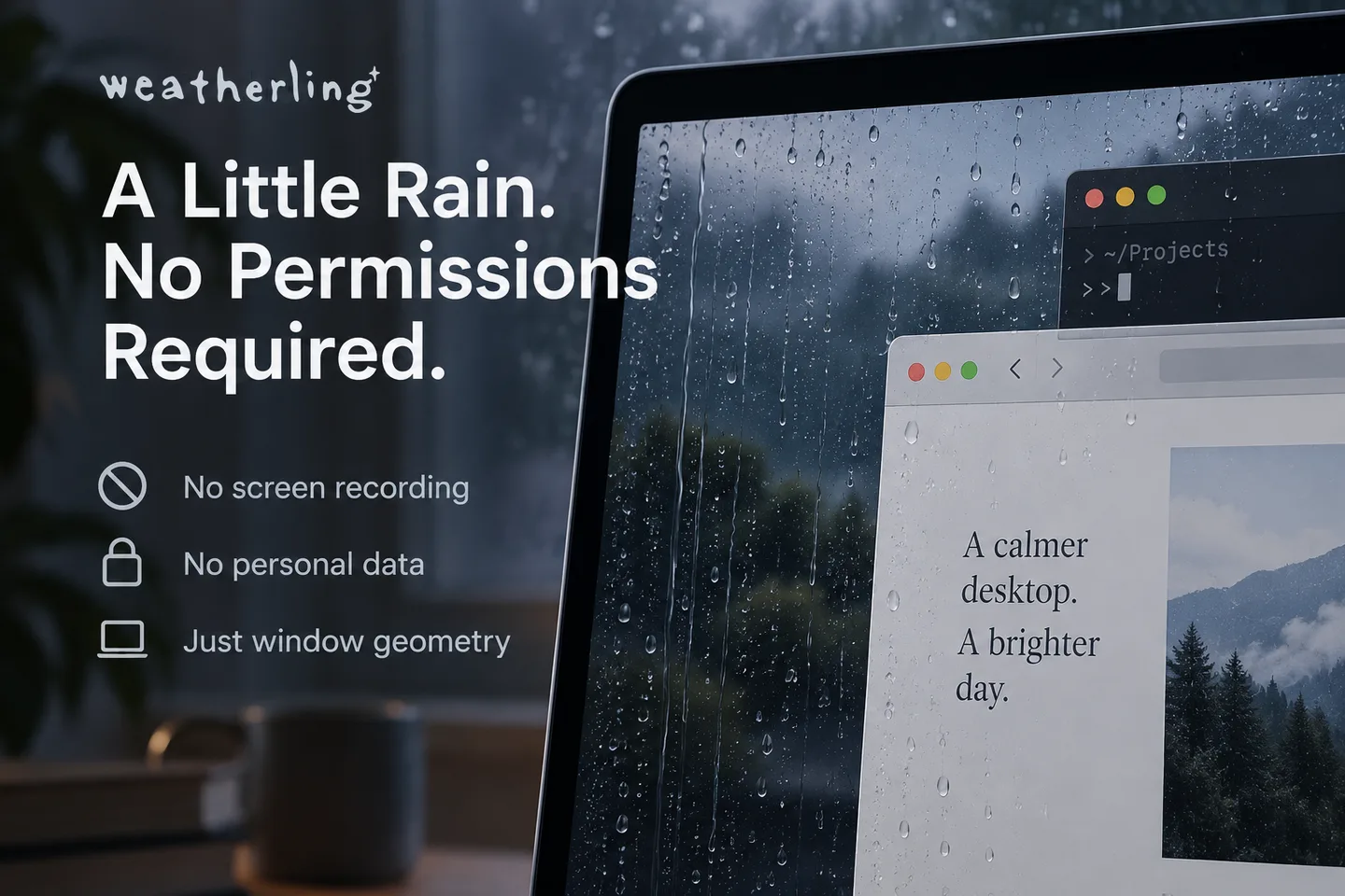 A MacBook on a desk by a rain-streaked window, its own screen covered in the same running water, with a terminal and a note window open on it