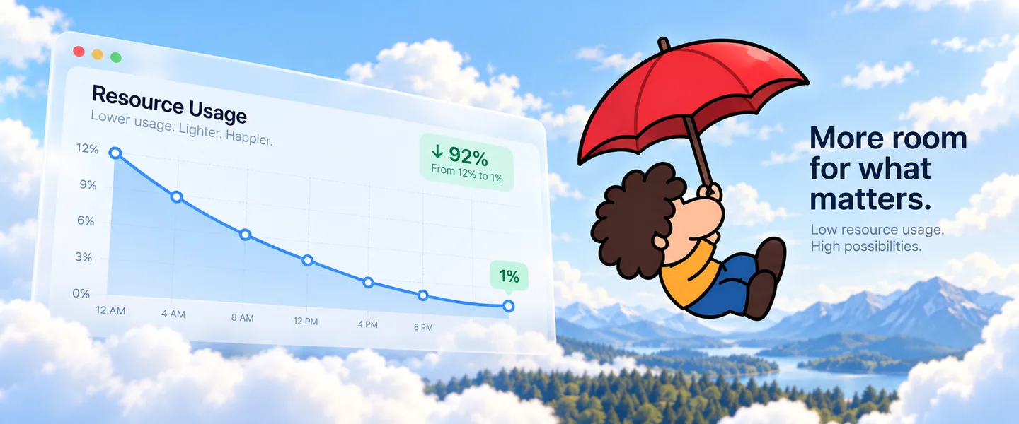 Dan holding a red umbrella in front of an illustrated resource-usage chart.
