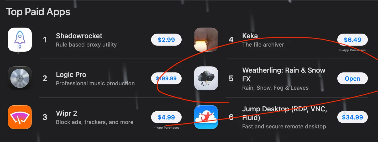 U.S. App Store Top Paid Apps chart showing Weatherling at number 5.