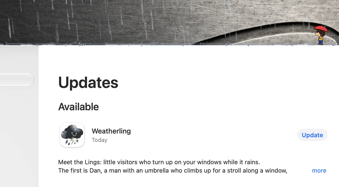 Dan mit einem roten Regenschirm über dem Updates-Fenster des Mac App Store, in dem das Weatherling-Update verfügbar ist.