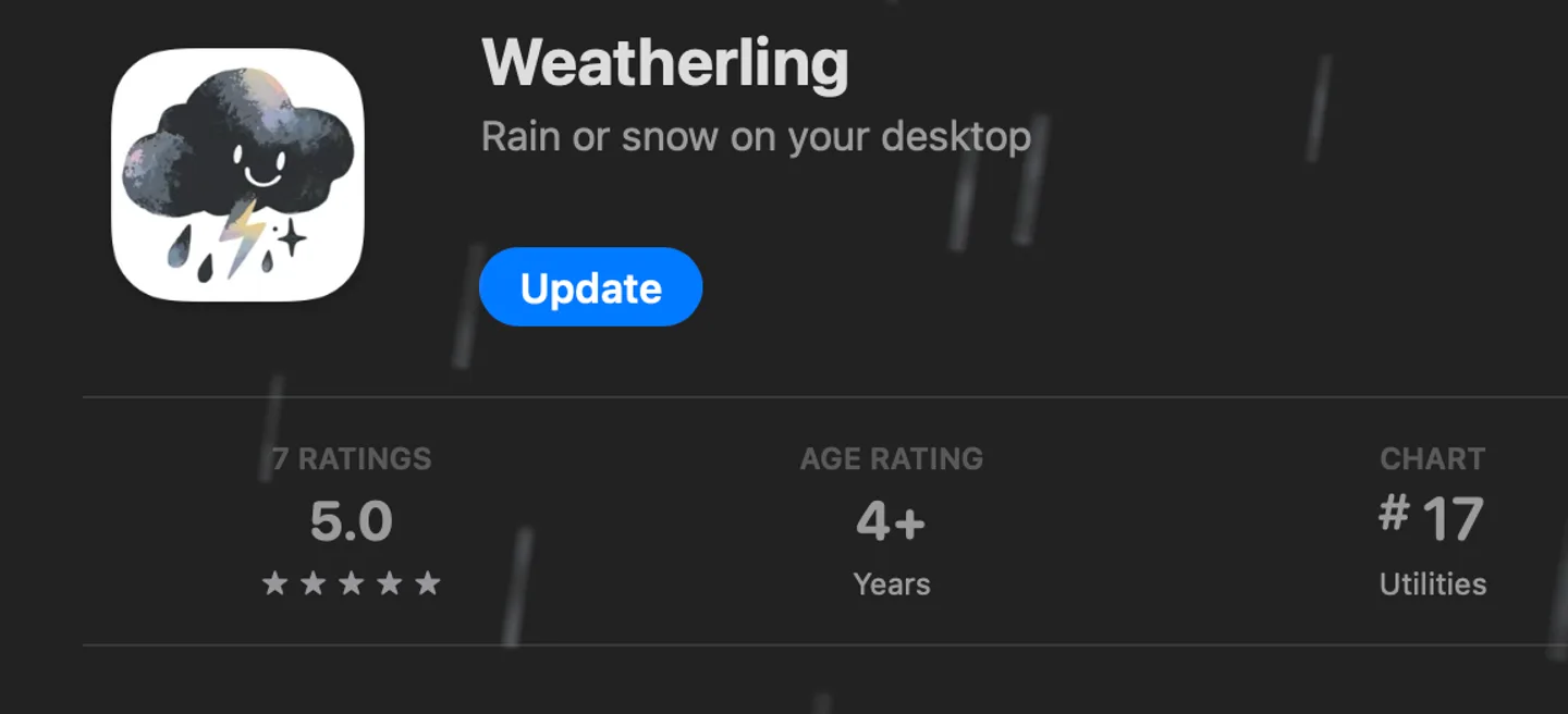 Weatherling en el Mac App Store con el botón Actualizar, una puntuación de 5,0 de siete valoraciones y el puesto 17 en Utilidades. La lluvia cae sobre la ventana.