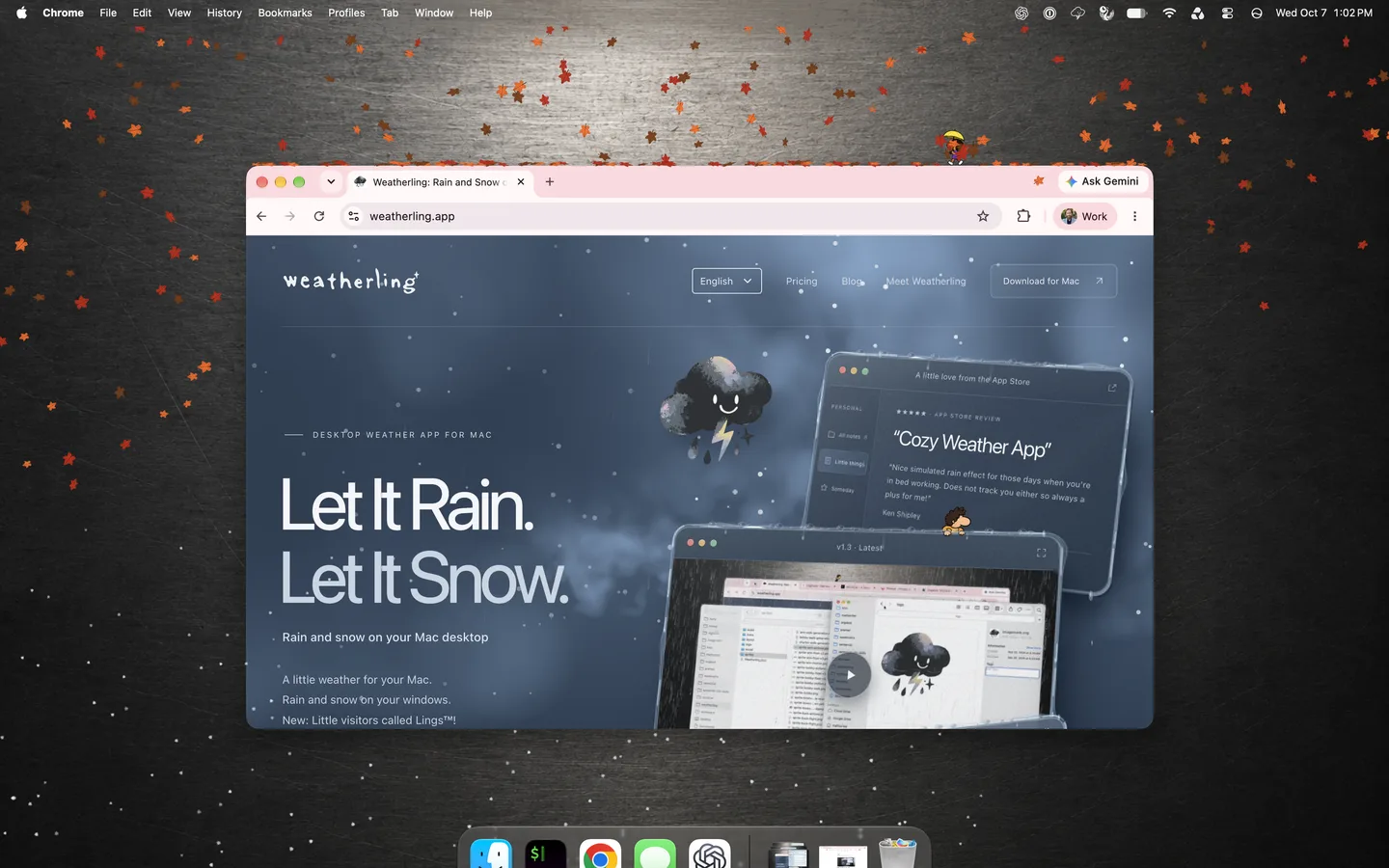 Herbstblätter wehen über einen Mac-Desktop und landen auf der Oberkante eines Browserfensters, auf dem ein Ling mit Regenschirm steht.