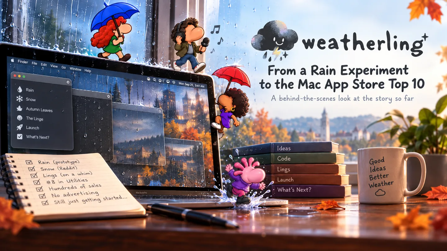 Lings with umbrellas walking along a rainy MacBook on a desk, beside a checklist, a stack of books and a mug, under the headline From a Rain Experiment to the Mac App Store Top 10.