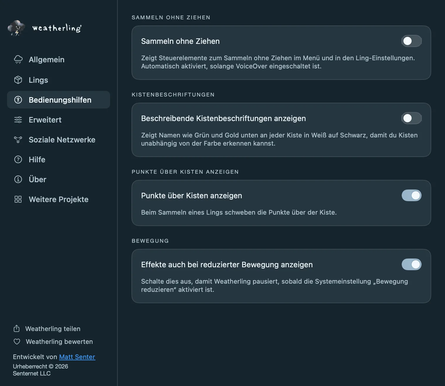 Die Einstellungen „Bedienungshilfen“ von Weatherling: Sammeln ohne Ziehen, beschreibende Kistenbeschriftungen, Punkte über Kisten und die Option für „Bewegung reduzieren“.