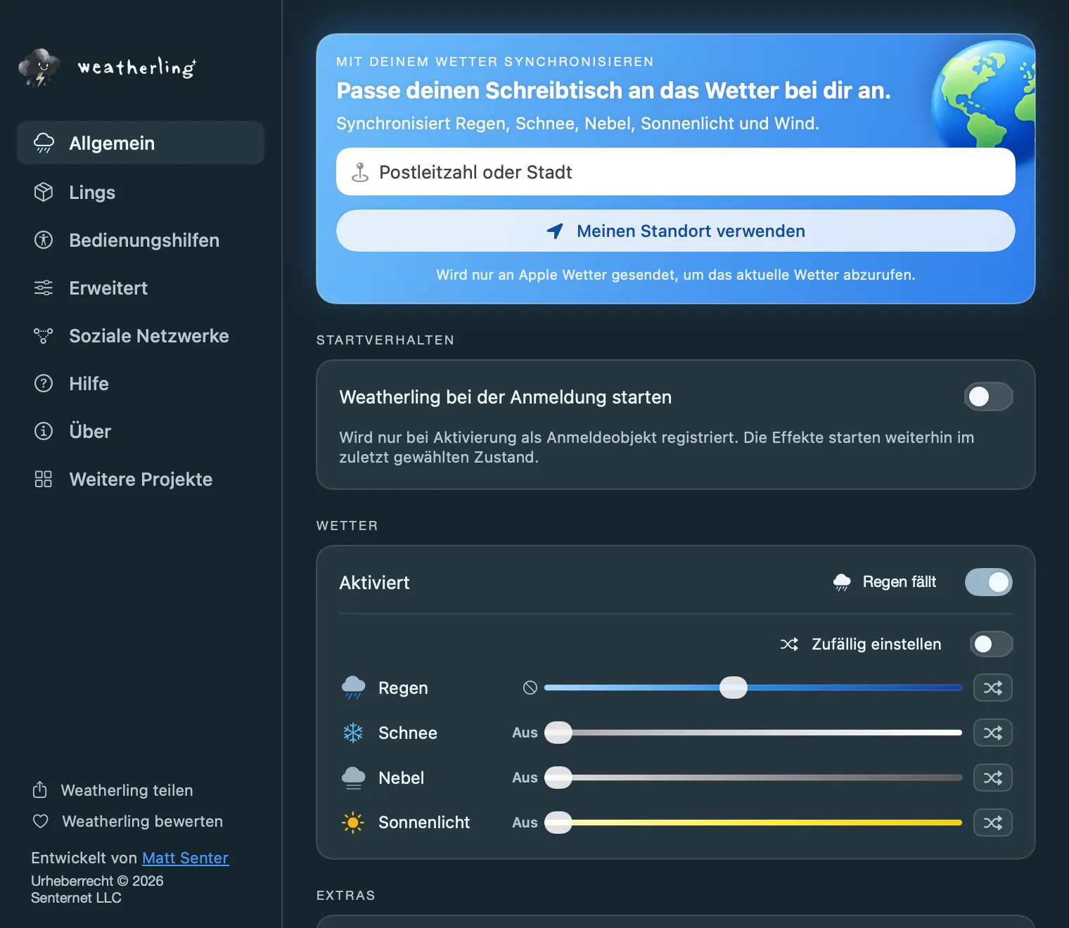 Die allgemeinen Einstellungen von Weatherling mit der Karte „Mit deinem Wetter synchronisieren“ oben: ein Feld für Postleitzahl oder Stadt und die Taste „Meinen Standort verwenden“.