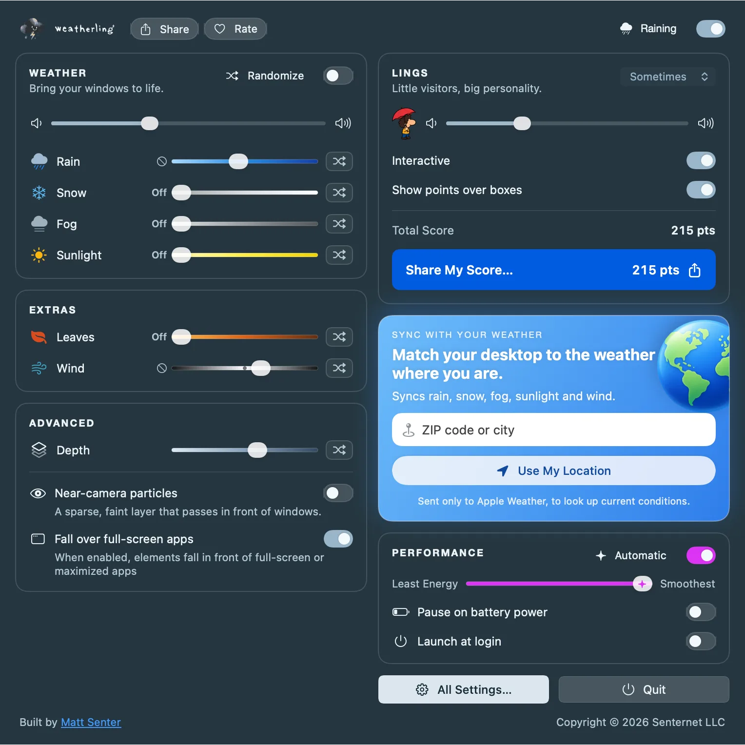 The Weatherling tray: weather sliders on the left, and the Lings card, the Sync with Your Weather card and performance settings on the right.