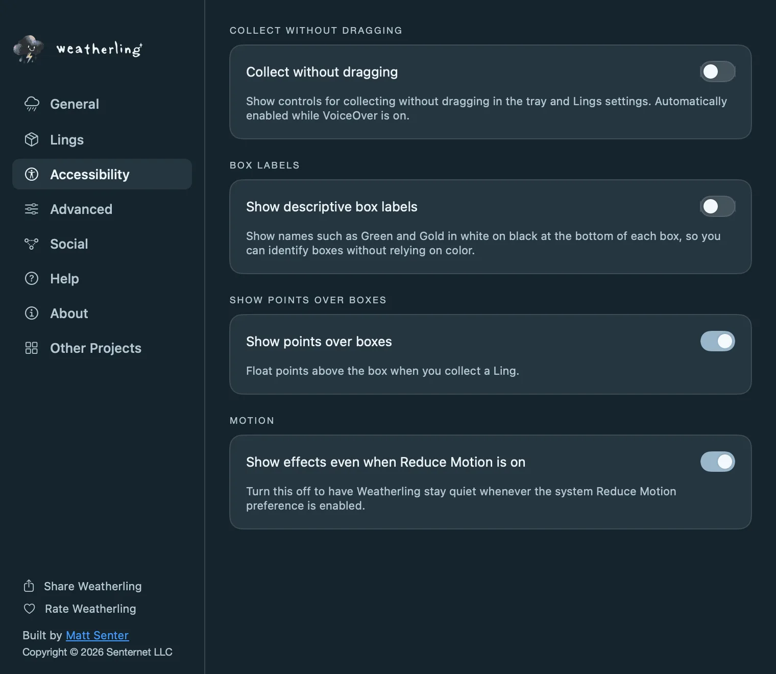 Weatherling's Accessibility settings: Collect without dragging, descriptive box labels, points over boxes, and the Reduce Motion option.