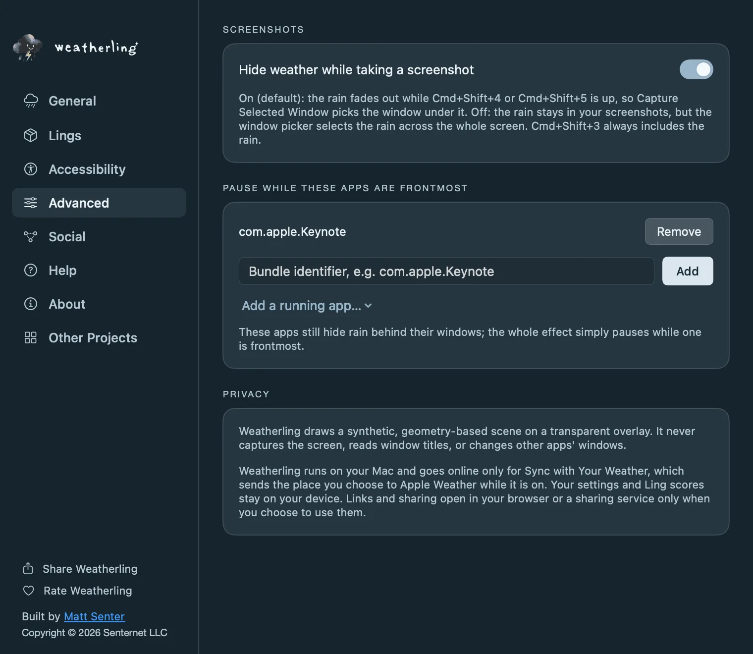 Weatherling's Advanced settings: Hide weather while taking a screenshot, the list of apps that pause the weather, and the privacy note.