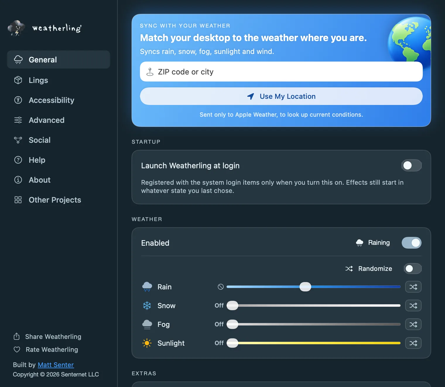 Weatherling's General settings with the Sync with Your Weather card at the top: a ZIP code or city field and a Use My Location button.