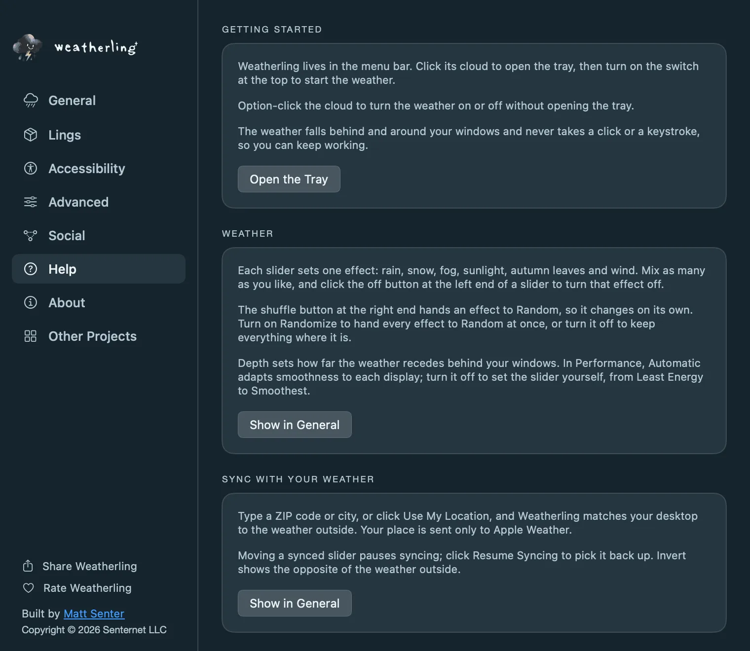 The Help pane in Weatherling's settings, with cards for getting started, weather and sync, each with a button to the matching settings.