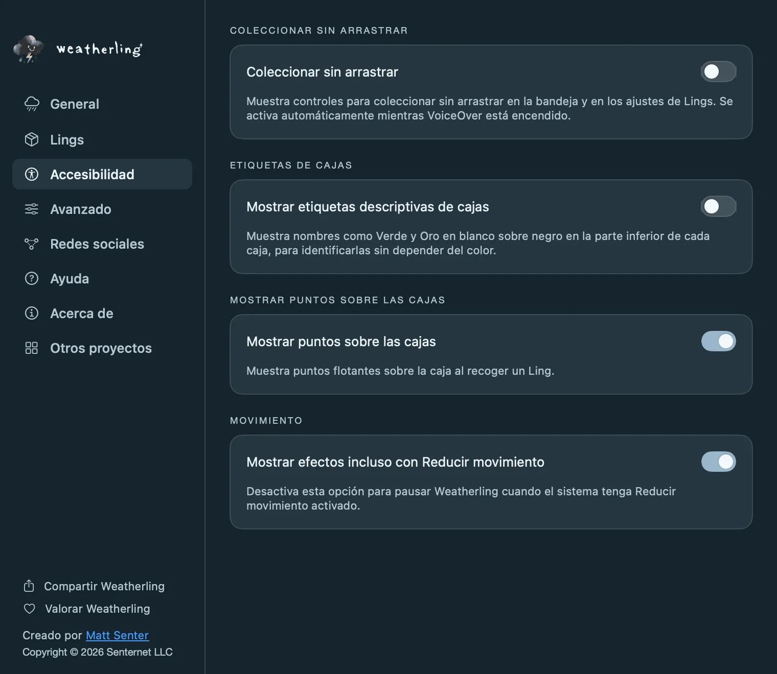 Los ajustes de Accesibilidad de Weatherling: Coleccionar sin arrastrar, etiquetas descriptivas de cajas, puntos sobre las cajas y la opción de Reducir movimiento.