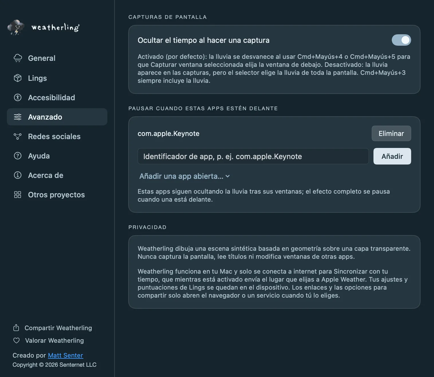 Los ajustes Avanzados de Weatherling: Ocultar el tiempo al hacer una captura, la lista de apps que pausan el tiempo y la nota de privacidad.