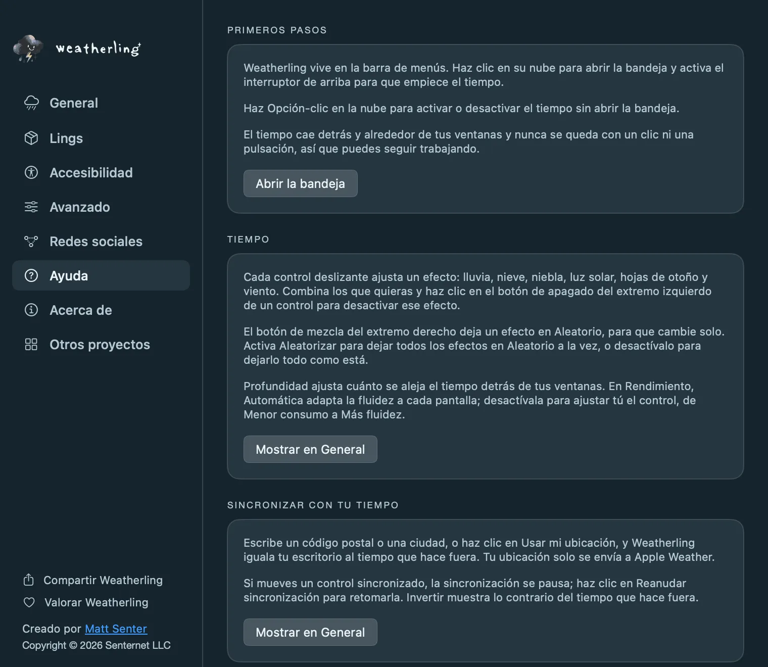 El panel Ayuda de los ajustes de Weatherling, con tarjetas sobre primeros pasos, el tiempo y la sincronización, cada una con un botón a los ajustes correspondientes.