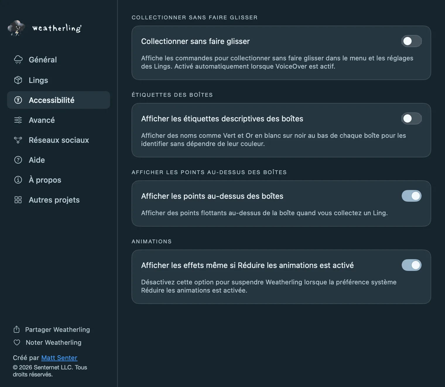 Les réglages Accessibilité de Weatherling : Collectionner sans faire glisser, étiquettes descriptives des boîtes, points au-dessus des boîtes et l’option Réduire les animations.