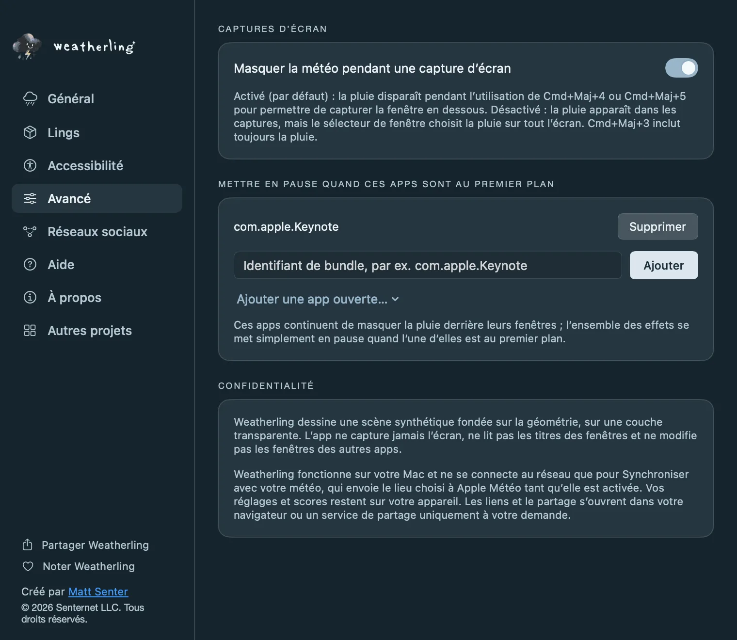 Les réglages Avancé de Weatherling : Masquer la météo pendant une capture d’écran, la liste des apps qui mettent la météo en pause et la note de confidentialité.