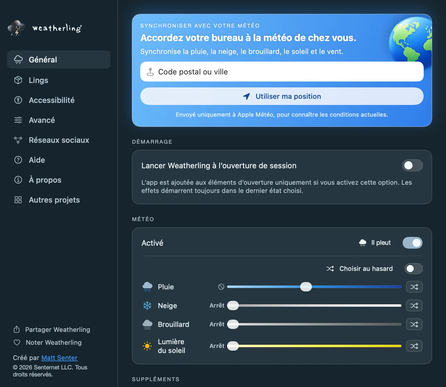 Les réglages Général de Weatherling avec la carte Synchroniser avec votre météo en haut : un champ pour code postal ou ville et un bouton Utiliser ma position.