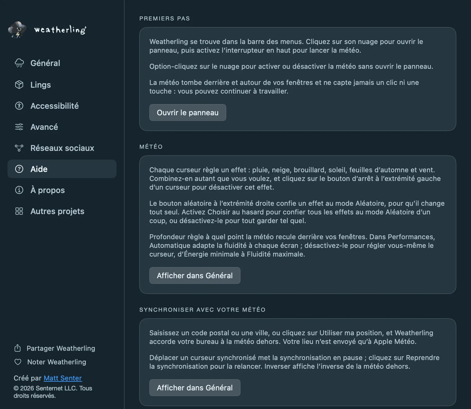 La sous-fenêtre Aide des réglages de Weatherling, avec des cartes sur les premiers pas, la météo et la synchronisation, chacune avec un bouton vers les réglages correspondants.