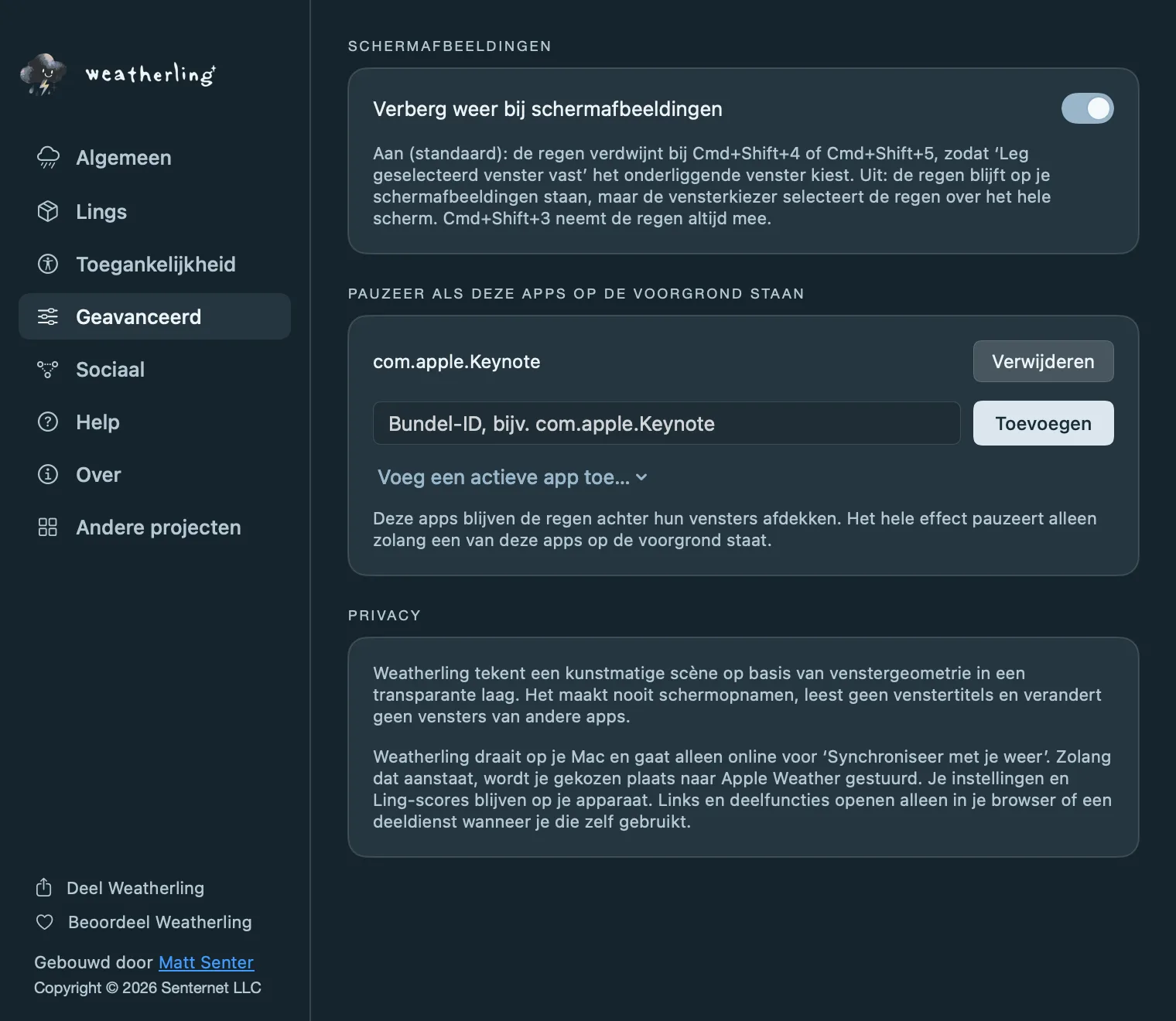 De geavanceerde instellingen van Weatherling: Verberg weer bij schermafbeeldingen, de lijst met apps die het weer pauzeren en de privacysamenvatting.