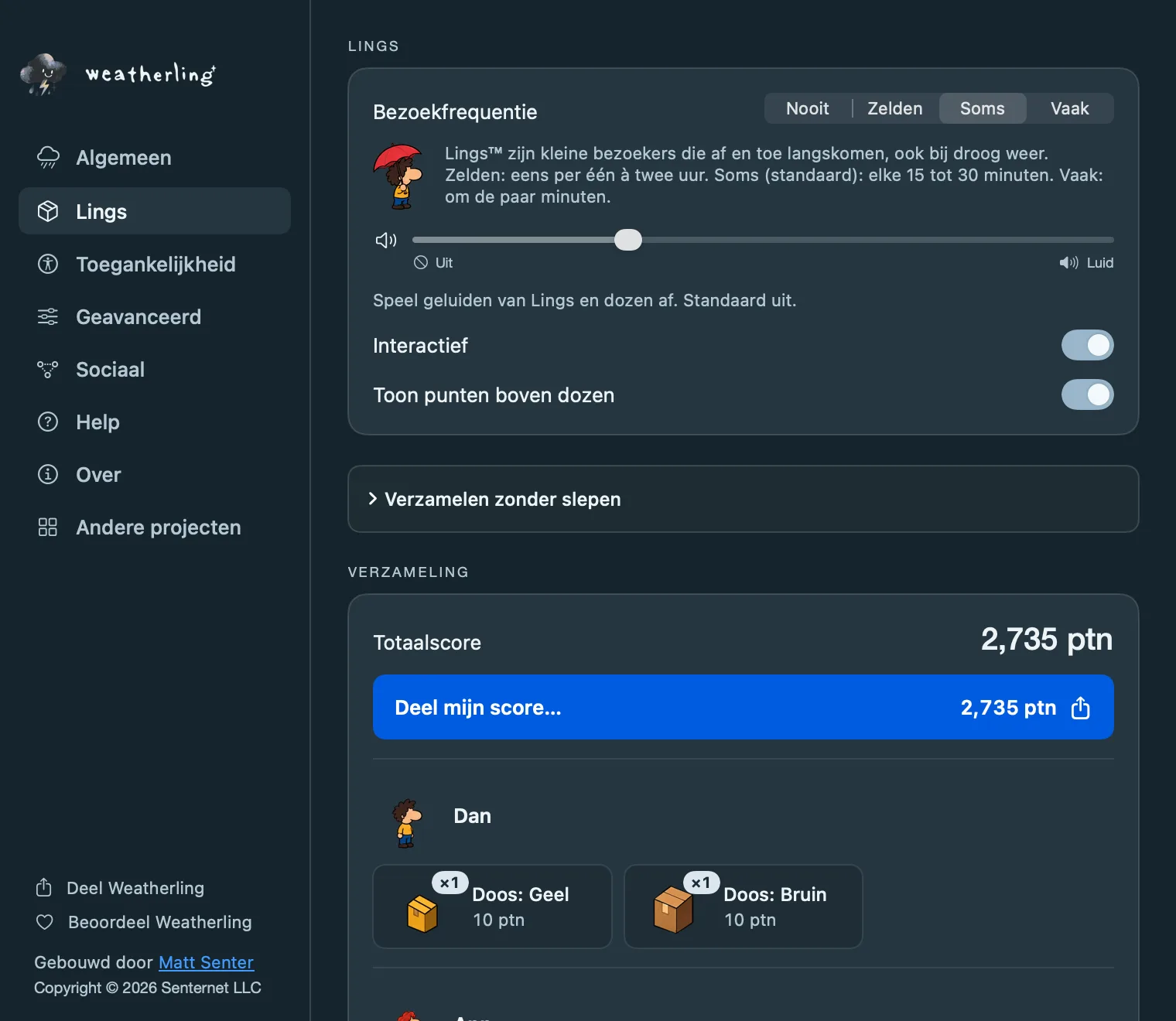 Het Lings-paneel in de instellingen van Weatherling: bezoekfrequentie, Ling-volume, de schakelaar Interactief en een verzameling met totaalscore.