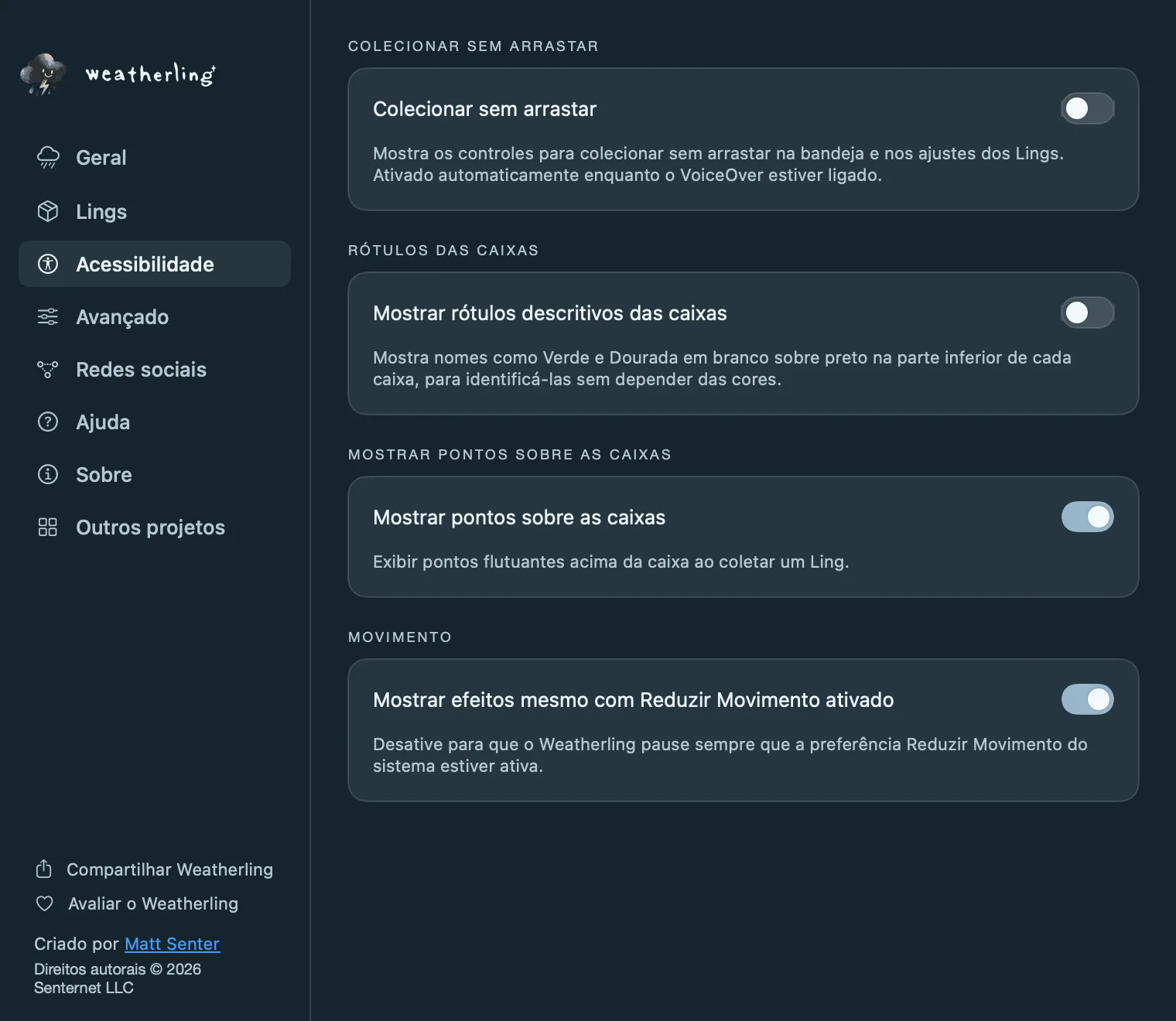 Os ajustes de Acessibilidade do Weatherling: Colecionar sem arrastar, rótulos descritivos das caixas, pontos sobre as caixas e a opção de Reduzir Movimento.