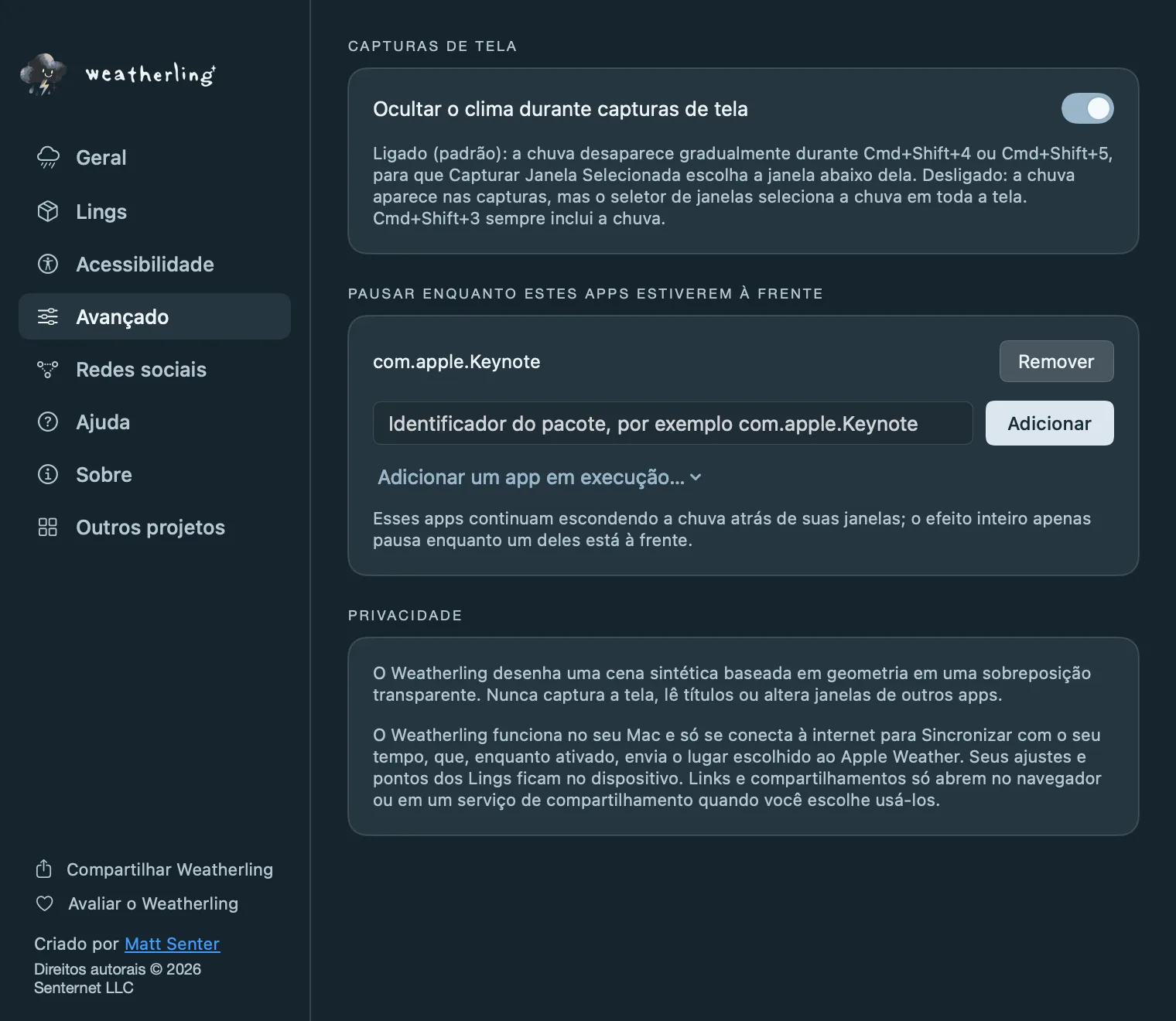 Os ajustes Avançados do Weatherling: Ocultar o clima durante capturas de tela, a lista de apps que pausam o clima e a nota de privacidade.