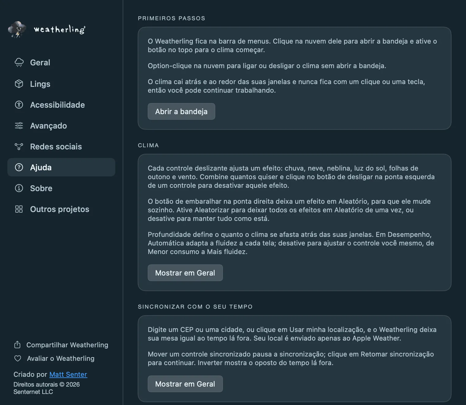 O painel Ajuda nos ajustes do Weatherling, com cartões sobre primeiros passos, clima e sincronização, cada um com um botão para os ajustes correspondentes.