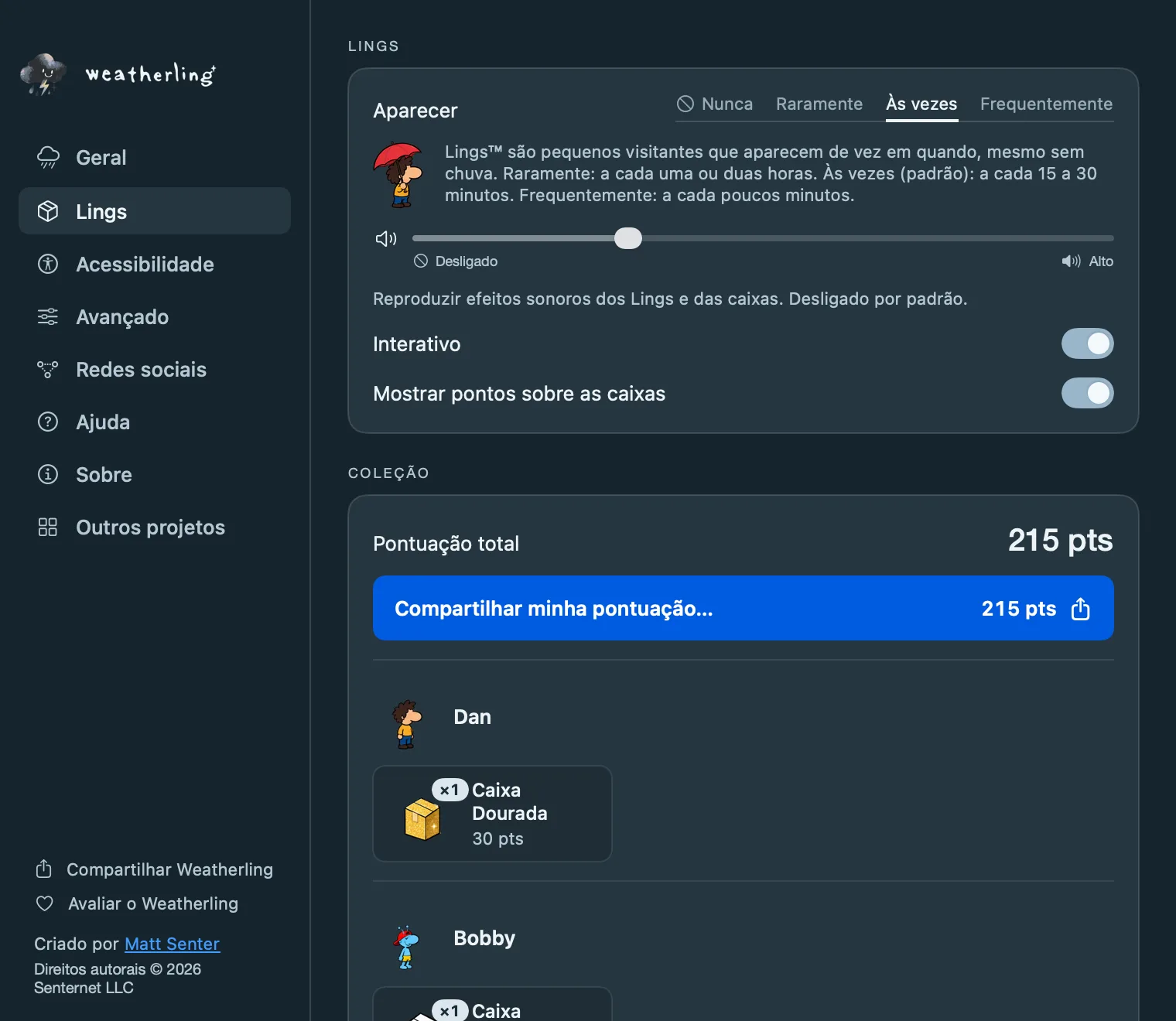 O painel Lings nos ajustes do Weatherling: com que frequência os Lings aparecem, o volume dos Lings, o botão Interativo e uma coleção com a pontuação total.
