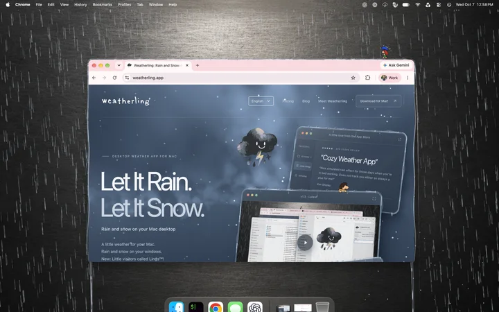 Rain falling across a Mac desktop around a browser window, with a Ling standing on top of it