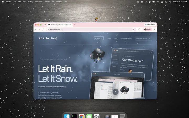 Snow falling across a Mac desktop and gathering along the top of a browser window