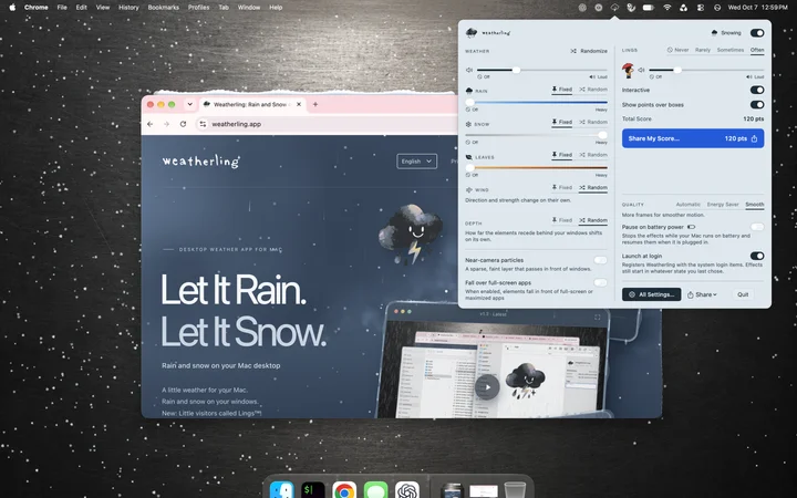 The menu bar panel with separate rain, snow, and leaves sliders, each with Fixed and Random settings, plus Ling controls and total score