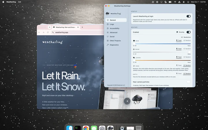 Weatherling Settings on the General pane, with weather, wind, and depth controls