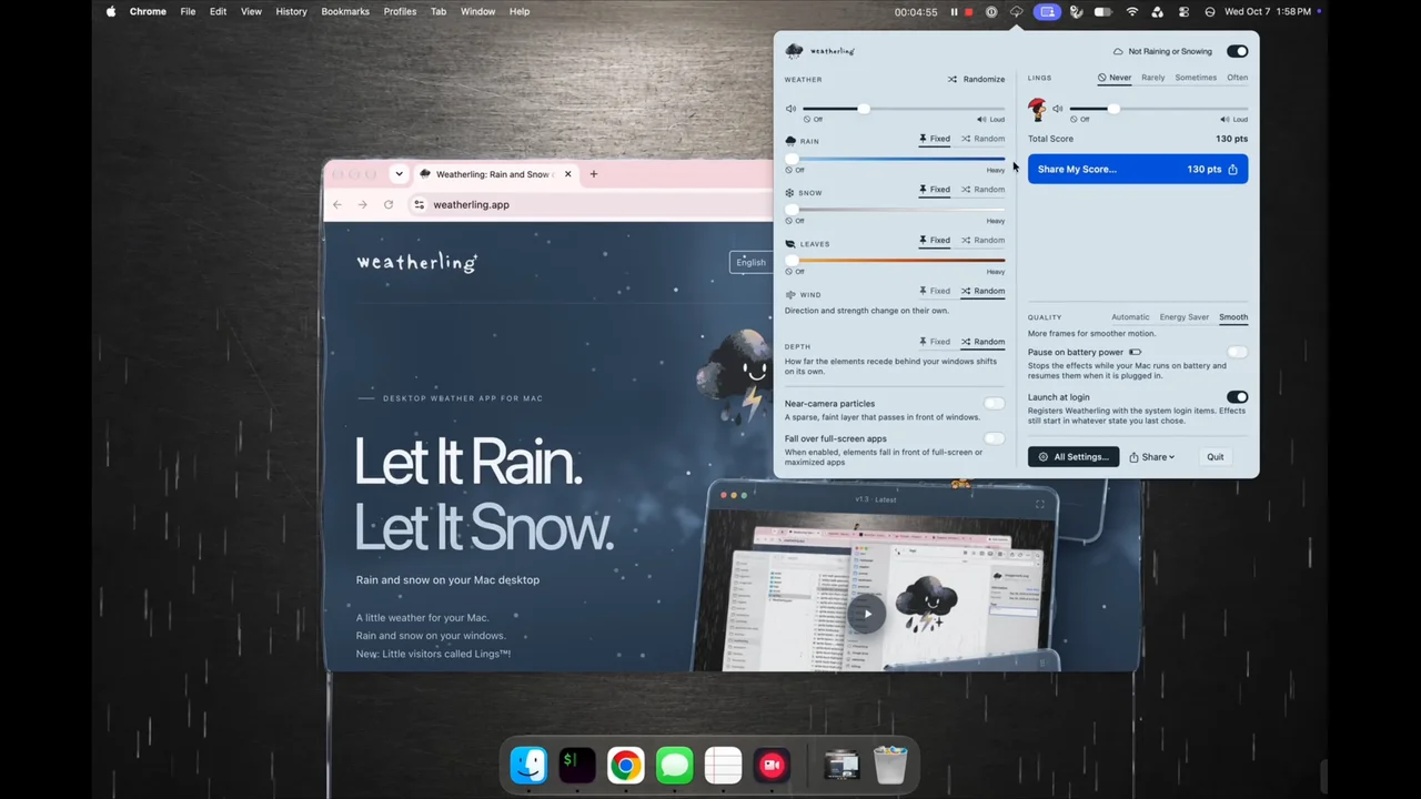 New in v1.4: autumn leaves among Mac windows, with separate rain, snow, and leaves controls